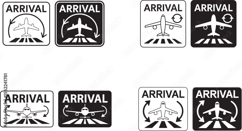 Fototapeta premium Collection of black and white airport arrival signs with airplane and runway icons