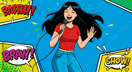 Energetic Pop Singer Performing on Stage, Pop Music Concert Illustration