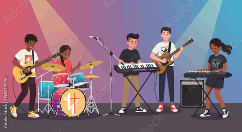 Youth Band Performing on Stage Energetic Music Illustration