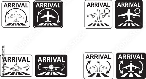 Collection of black and white airport arrival signs with airplane and runway icons