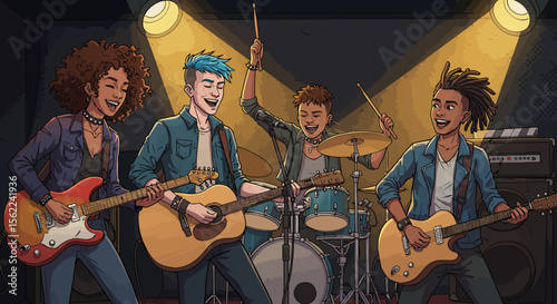 Energetic Band Performing Live on Stage A Vibrant Music Illustration