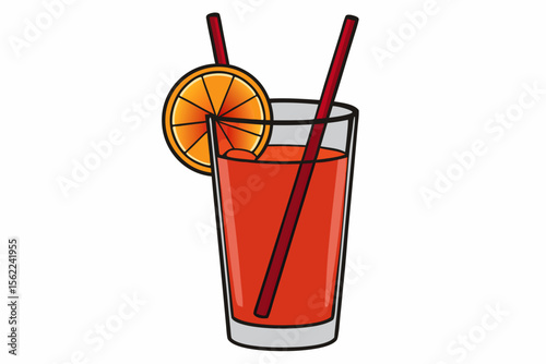 Tall glass with red drink orange slice and straws cocktail beverage