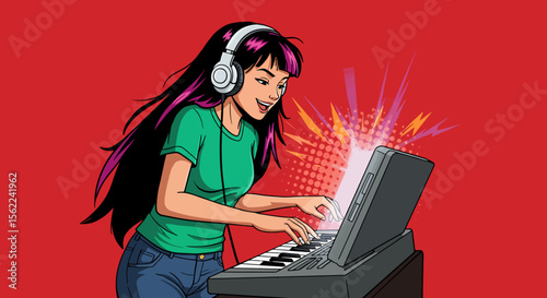 Woman Playing Keyboard with Headphones Pop Art Style Illustration