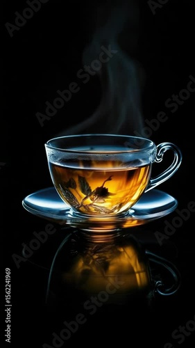 A warm and cozy moment captured in this image, featuring a steaming hot cup of tea with steam rising from the surface