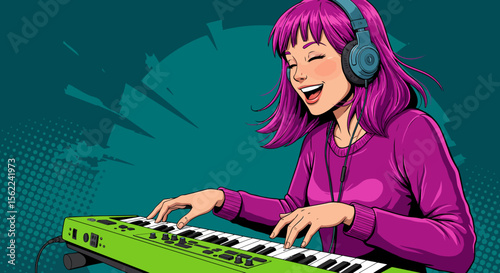 Vibrant Illustration of a Woman Playing Keyboard, Music Production, Pop Art Style