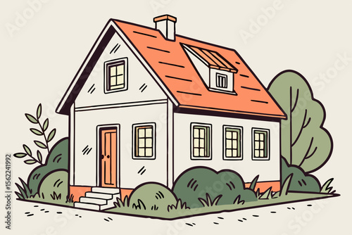 Charming cottage with orange roof and green foliage house home