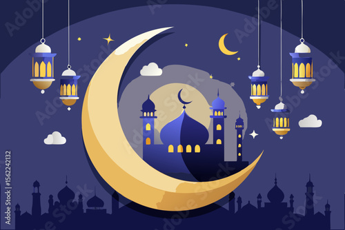 Islamic crescent moon mosque lanterns night sky vector