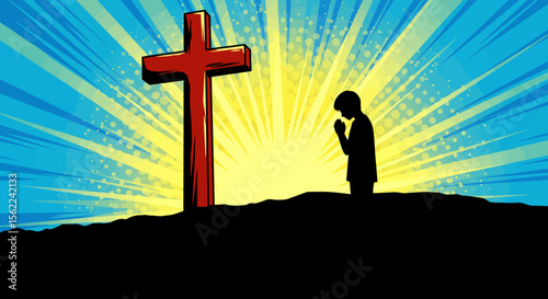 Child Praying Silhouetted Against a Cross and Sunrise A Powerful Image of Faith
