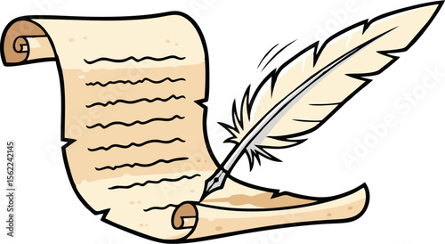 Cartoon Scroll and Feather Pen Depicting Writing and Communication.