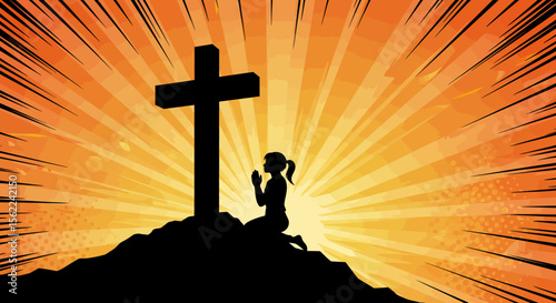 Woman Kneeling in Prayer Before Cross at Sunrise