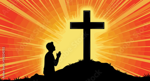 Man Kneeling in Prayer Before Cross Silhouette, Religious Faith, Spiritual Artwork
