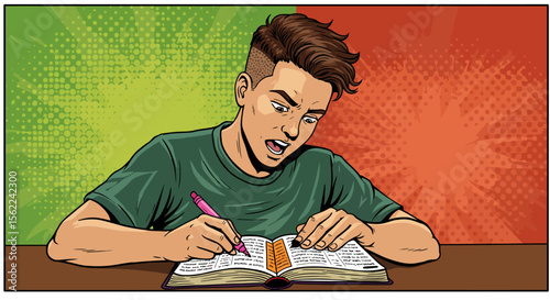 Intense Study Young Man Focused on Textbook, Pop Art Style Illustration