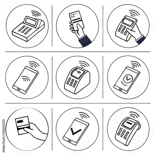 Set of simple line art icons illustrating contactless payment methods including credit cards and smartphones interacting with payment terminals