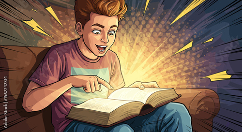 Boy Discovering Magic in an Open Book A Whimsical Illustration