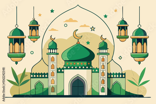 Green mosque with hanging lanterns and crescent moons Islamic