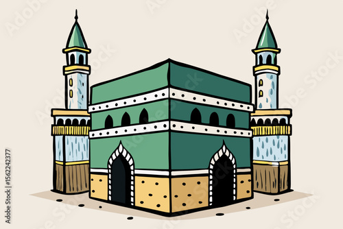 Green Kaaba with Tall Minarets Islamic mosque