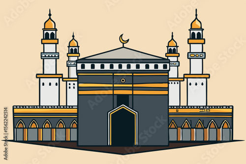 Islamic Kaaba structure with minarets and crescent mecca mosque