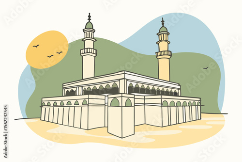 Kaaba building with minarets and abstract background mecca mosque