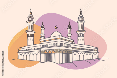 Hand drawn Kaaba building with towers and dome mosque Islamic architecture