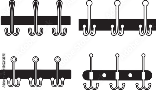 Collection of four black and white vector icons of wall mounted coat hooks