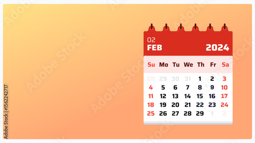 Date of monthly calendar February 2024. Orange calendar landscape. February 2024 calendar. 2024 Weekend starts on sunday. Vector template for marketing post or flyer. Illustration of vector.