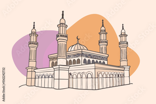 Hand drawn mosque with minarets and dome Islamic architecture crescent moon