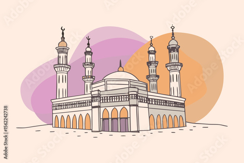 Islamic mosque with tall minarets and dome building architecture