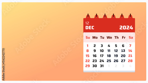 Overview calendar layout December 2024. Orange calendar landscape. December 2024 calendar. 2024 Weekend begins sunday. Post-ready design template for ads. Vector illustration