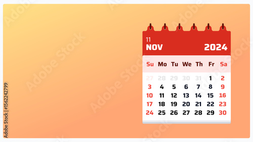 Date layout template November 2024. Orange calendar landscape. November 2024 calendar. 2024 Weekend starts sunday. Creative flat grid for advertising. Vector illustration.