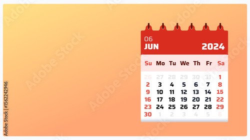 Grid view of June 2024 calendar month. Orange calendar landscape. June 2024 calendar. 2024 Weekend starts sunday. Clean template for media post and ads. Vector illustration.

