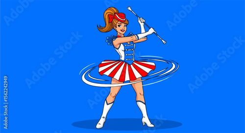 Cheerful Baton Twirler in Patriotic Uniform Performing a Twirling Routine
