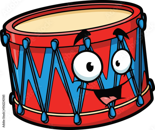 Cheerful Cartoon Drum with Blue Stripes and Happy Face