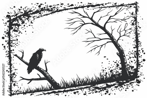 Black ink splatter frame with eagle on branch and bare tree white grunge
