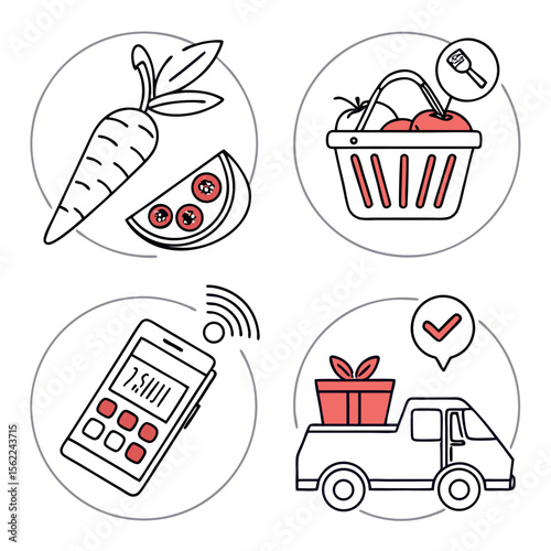 A set of four icons illustrating the process of online grocery shopping from selecting produce to delivery of a gift wrapped package