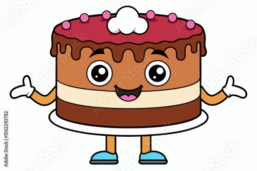 Happy cartoon cake with pink berries and chocolate drizzle smiling dessert