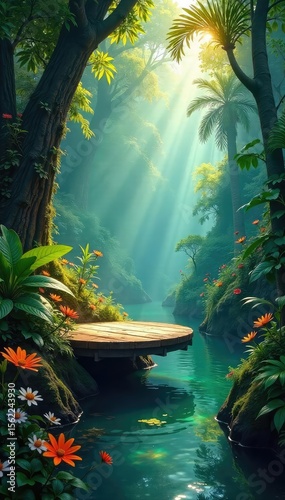 Serene Rainforest Platform Magical Sunlight Dappled Floating Platform Nestled in Lush Greenery, Vibrant Flowers, Perfect for Meditation and Relaxation