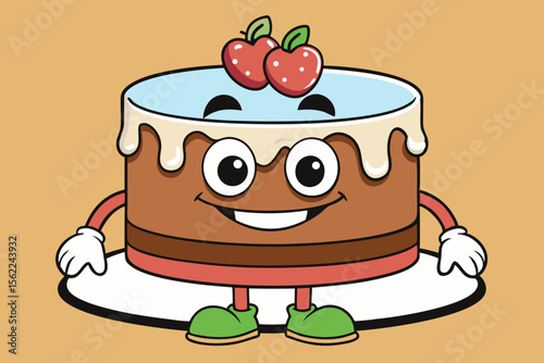 Smiling chocolate cake with cherries and green shoes frosting cartoon
