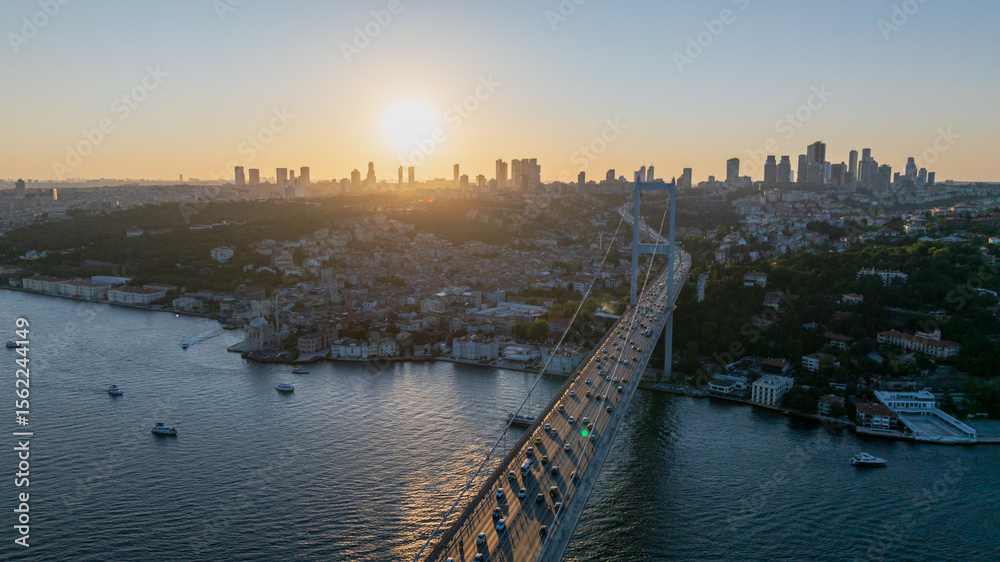 Fototapeta premium Istanbul Bosphorus Bridge(July 15 Martyrs Bridge). Aerial view of the Bosphorus Bridge with drone on a cloudy day. Unique view of Istanbul. Turkiye.
