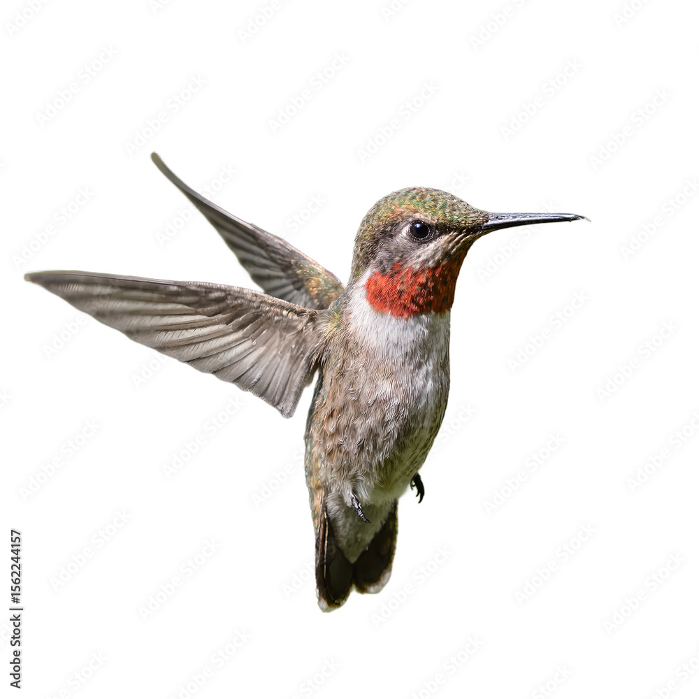 Fototapeta premium Vibrant hummingbird in flight with iridescent green and red feathers reflecting light blurred wings in motion and a delicate pointed beak