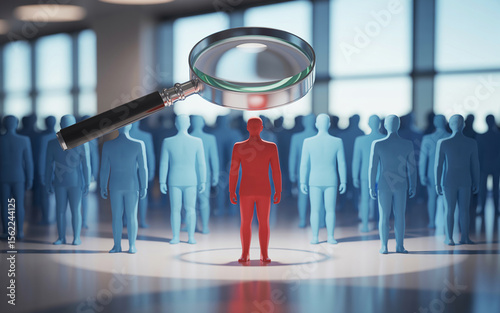 Recruitment concept highlighting an individual with a magnifying glass examining person in a crowd representing hiring
