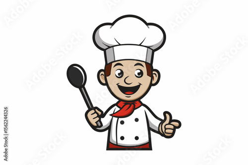 Cheerful chef character holding spoon and giving thumbs up cooking food
