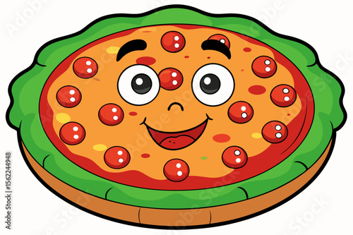 Smiling cartoon pizza with pepperoni and green crust food cheese