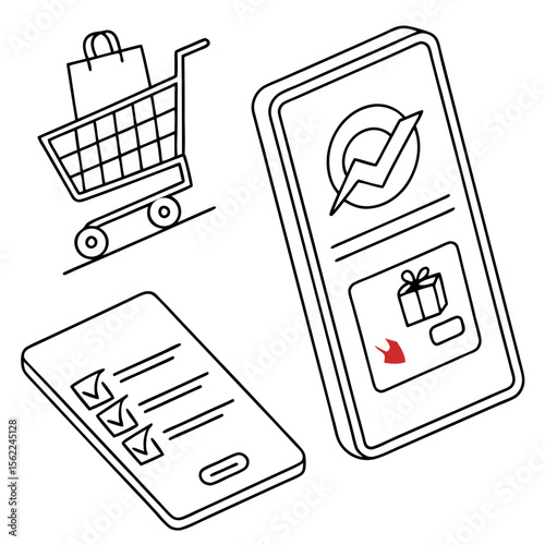Conceptual illustration of online shopping and digital payments with a shopping cart a checklist on a smartphone and a payment interface on another phone displaying a gift