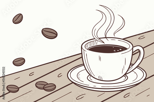Steaming Coffee Cup with Scattered Beans saucer