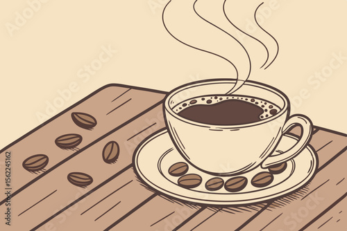 Hot Coffee Cup With Beans On Wooden Table saucer steam