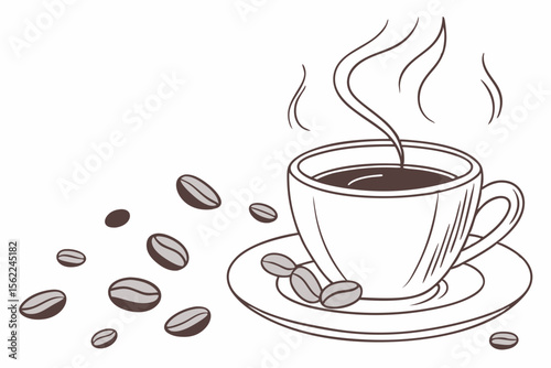 Steaming Coffee Cup With Scattered Beans coffee beans hot drink