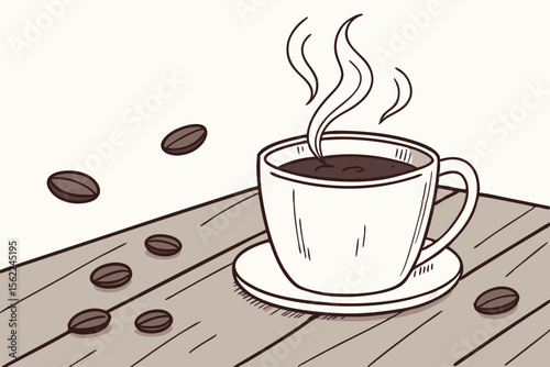 Steaming coffee cup with scattered beans vector