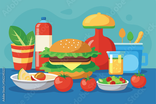 Delicious Summer Picnic Burger, Salad, and Refreshing Drinks