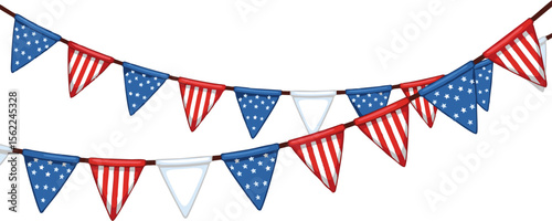 Festive American Bunting Garlands with Patriotic Stars and Stripes Decorations.