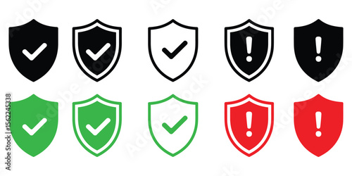 Graphic illustration of safety shield symbols with check mark and exclamation icons representing security and protection